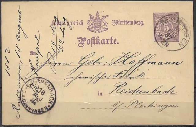 Altdeutschl. 1887 Kö.Württemb.Ganzs. PK P 26 - 5 Pf.violett, Reutlingen-Reichenb