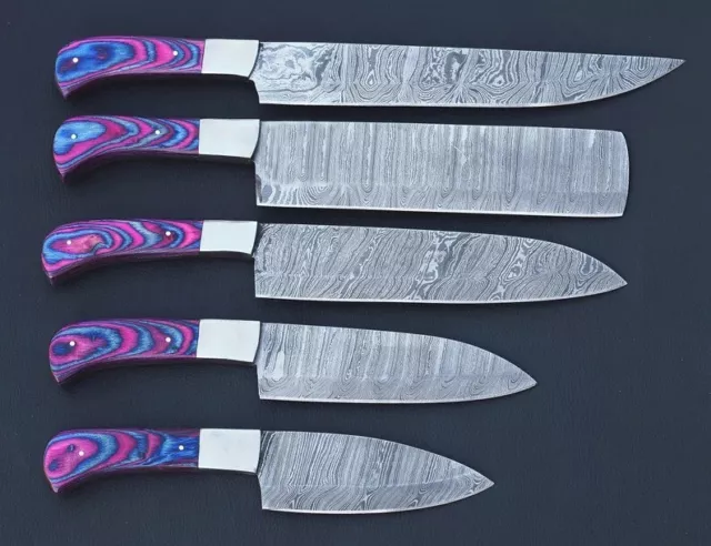 Damascus Chef Set of 5pcs With Leather Cover Handmade, Kitchen Knife Set