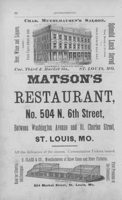 Muehlhausen's Saloon - Matson's Restaurant - C. Claes & Co. - St. Louis, Mo-1877
