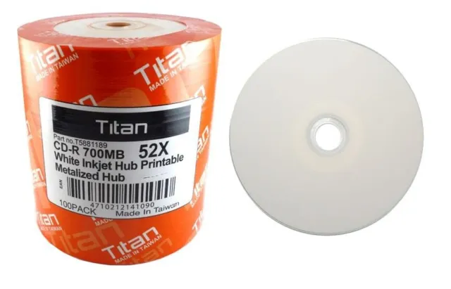 Titan CD-R,52X,80MIN,White Inkjet Hub Printable,Metalized Hub, T5881189,600pcs