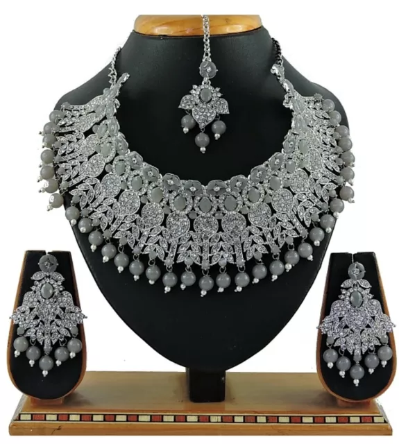 Grey Indian Bollywood Style Fashion Rhodium Plated Bridal Jewelry Necklace Set