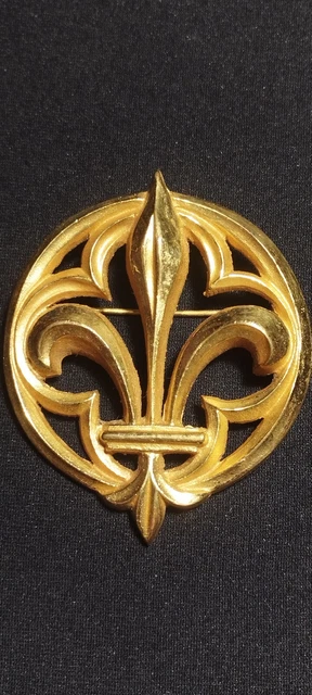 Broche Vintage Fleur Lys Signée FmT - Cuivre, Perles, Cristal, Onyx - Occasion