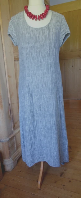 Grizas dress silk linen crinkle silver grey midi lagenlook cap sleeve S 10 12