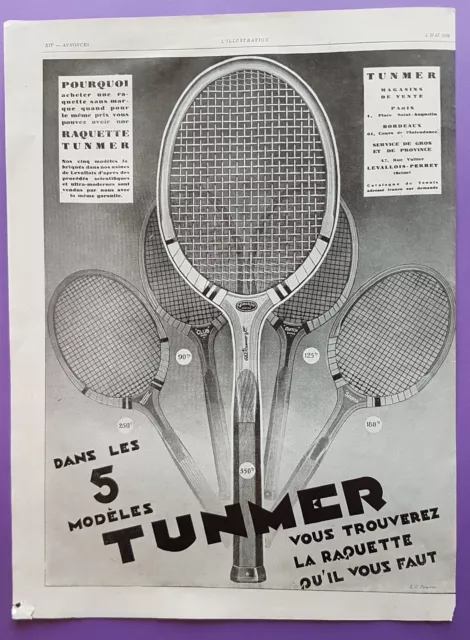 TUNMER - Raquettes de TENNIS   - PUBLICITE 1929  -   Print AD 1592