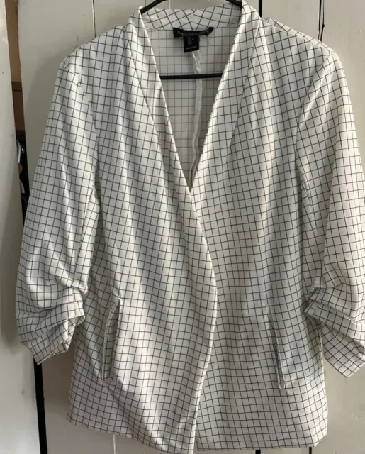 RACHEL ZOE Plaid Open Front Blazer Long Line Ruched Sleeve Hip Length Large