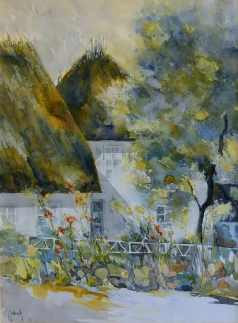 Robratz-? signiert TOP- Aquarell 1987: REETDACH-HÄUSER MIT BLUMEN IM VORGARTEN 2