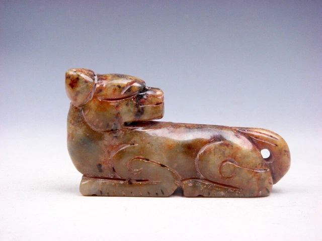 Old Nephrite Jade Stone Carved Ancient Foo Dog Looking Back #08022301
