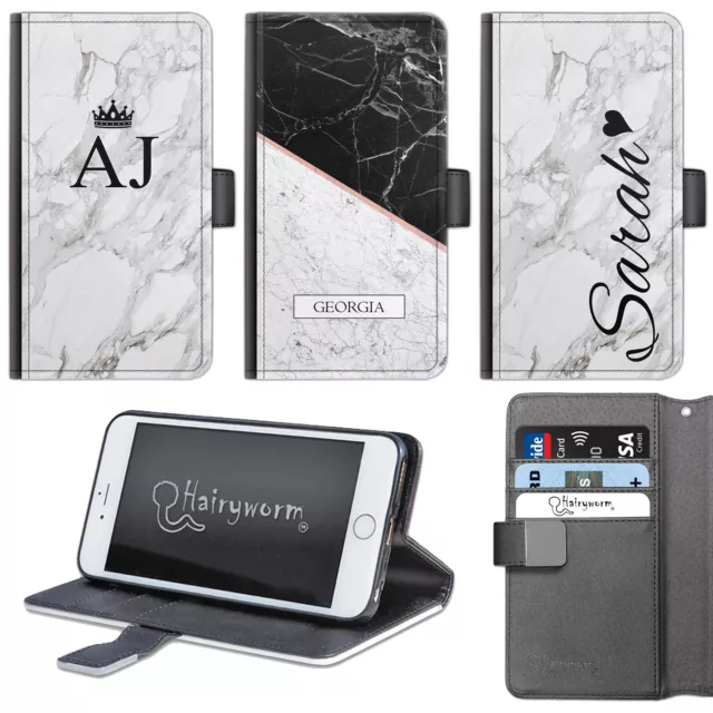 Personnalisé Gris Marbre Nom Initiales PU Portefeuille Cuir Téléphone Étui