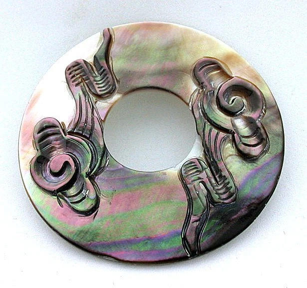 ONE Two Inch Round Natural Carved Abalone Abstract Snake Carving Focal Bead