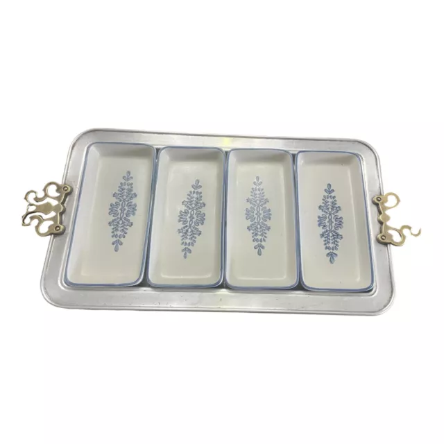 5 Piece Set of Vintage Metal Tray & Ceramic Rectangle Dishes/Pickle Serving Tray