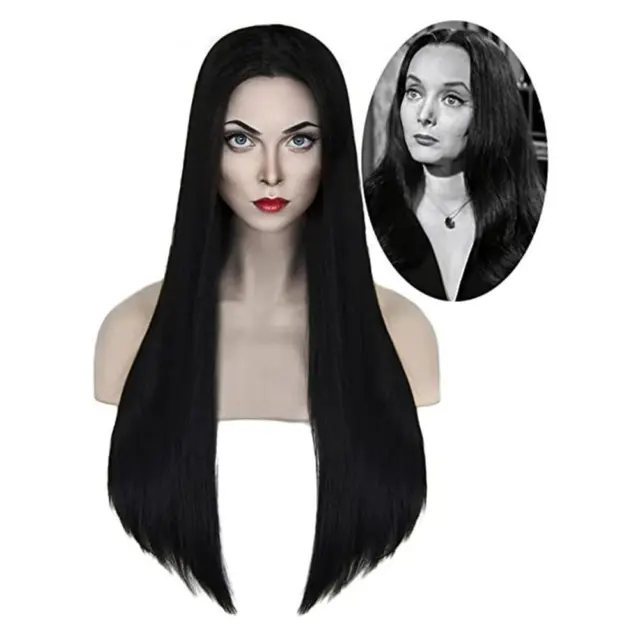 Womens Long Black Wig For Morticia Addams Family Halloween D5Z6 Fancy X7Z1