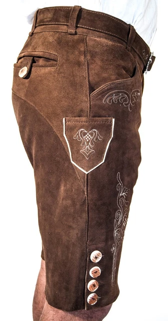 *Nuovi* pantaloni corti in pelle folcloristici da uomo in capra pelle scamosciata marrone taglia 48 2