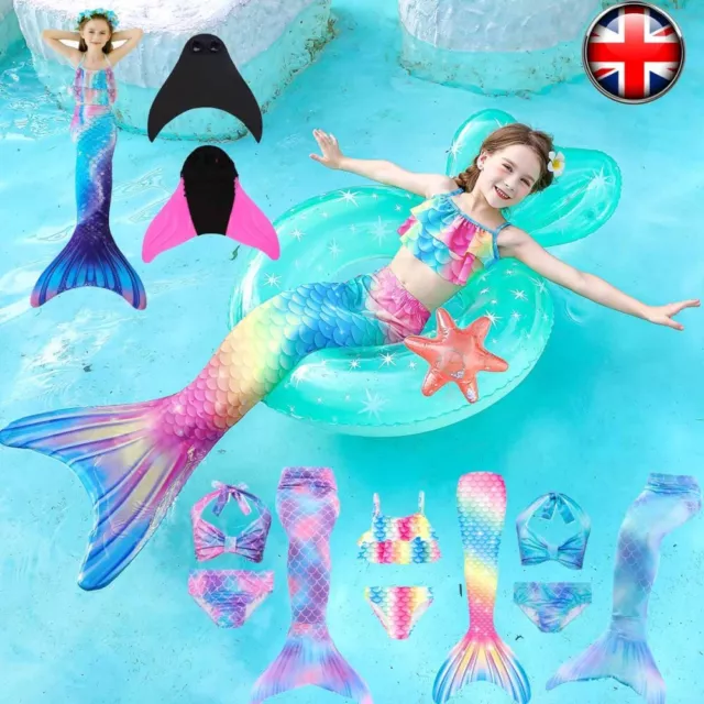 Kid Mermaid Tail With Monofin Swimmable Bikini Set Swimsuit Swimming Costume UK!