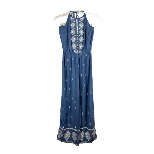 Chelsea & Violet Blue White Boho Embroidered Halter Neck Jumpsuit Womens Size XS