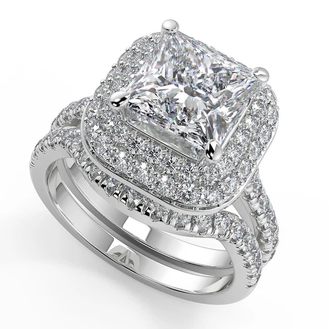 2.3 Ct Princess Cut Double Halo Pave Diamond Engagement Ring VS1 H Treated