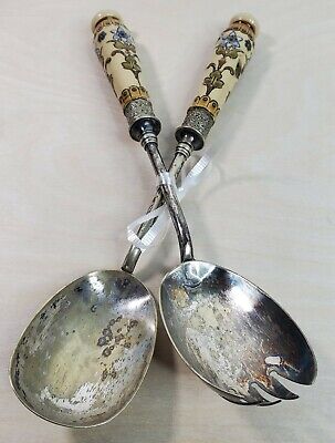Silver Plated Serving Fork and Spoon Distressed Ceramic Cracked Handles 10.75" 8