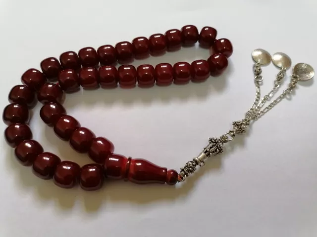 German Faturan Cherry Amber Bakelite 33 Prayer Beads Tesbih Misbaha Rosary