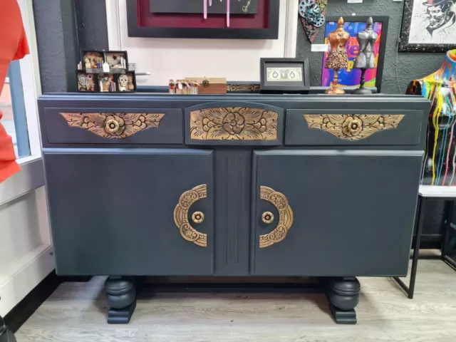 Vintage 1950s Sideboard / Buffet Professionally Upcycled Dark Teal and Gold