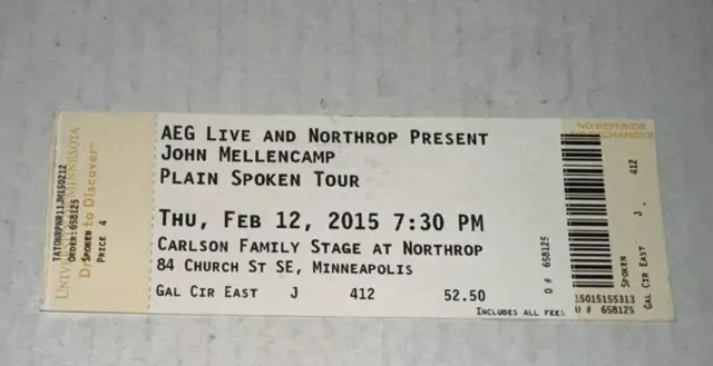 2/12/15 John Mellencamp Plain Spoken Tour Minneapolis Concert FULL Ticket Stub