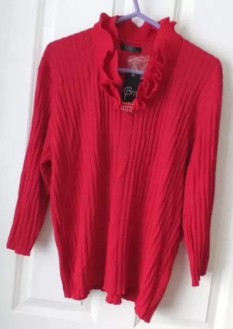 BRAND NEW Size XL BONMARCHE Red  Jumper knitwear Frill Jewel Embellish Neck Line