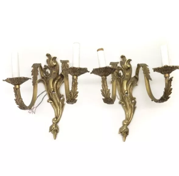 Pair Candelabra Brass Tone Ornate Wall Sconce Electrical Light Fixture Vintage