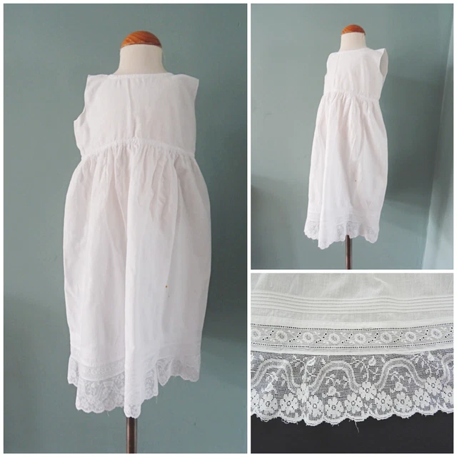 Sottoveste Antica Sottoveste Ragazze Cotone Vittoriano Pizzo Ricamato c1900