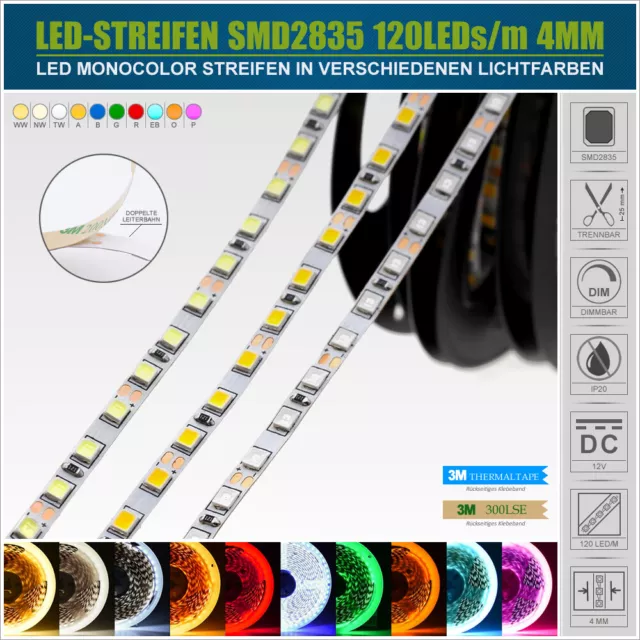 LED Streifen 12V SMD 2835 120/m Strip dimmbar Innenraum Beleuchtung Leiste Color