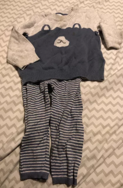 Carters Baby Boy 2 Piece Bear Sweater & Blue Striped Pants Outfit 9 Months EUC