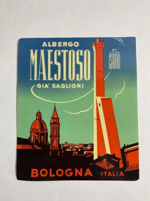 Vintage Hotel Albergo Maestoso Bologna Italy 1940s-1960s Luggage Label Decal