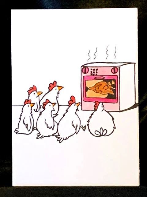 Original ACEO Chickens Watch Horror Roast Medium Marker on Paper Signed Artist