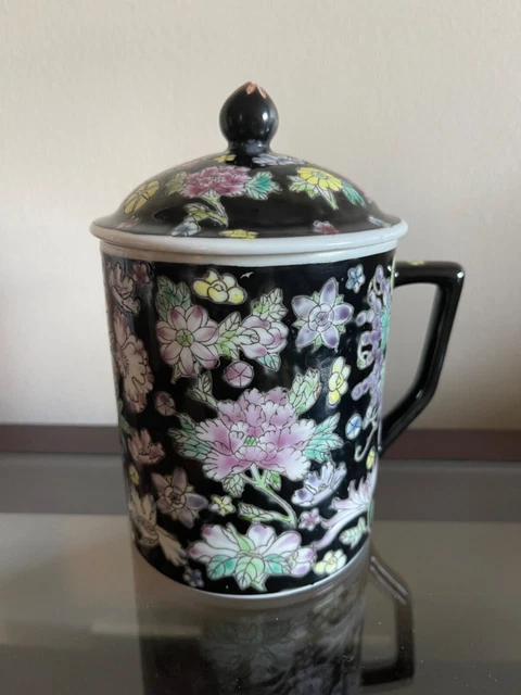 1960’s Chinese Hand Painted Famille Noir Lidded Coffee Tea Mug Cup Jingdezhen