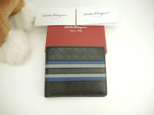 New Salvatore Ferragamo Gancini Black & Blue Bifold Wallet Embossing Leather