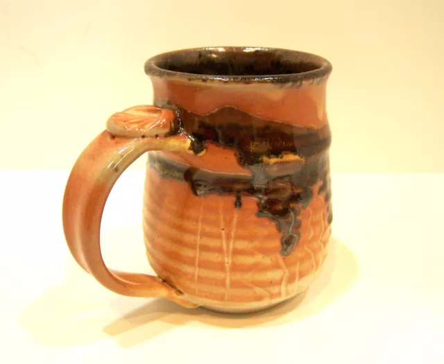 Studio Art Pottery Mug Cup Mudlark Brown Drip Glaze Orange Textured Shell Thumb