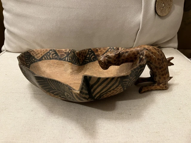 Vintage Hand Painted Hand Carved African Tribal Wooden Folk Art Bowl W Leopard