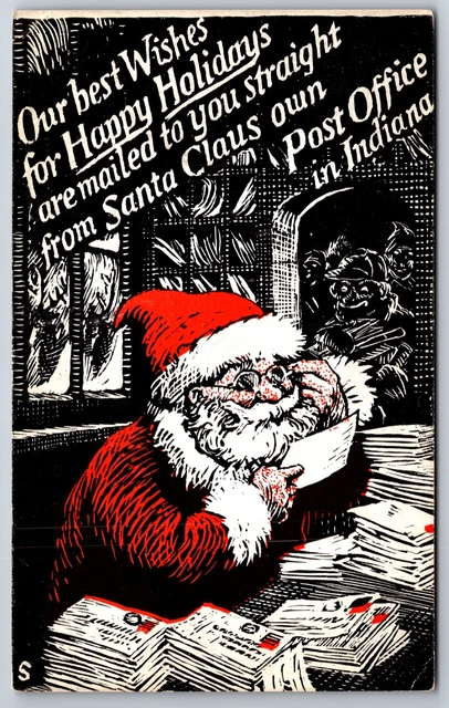 Santa Claus Indiana~Harried St Nick Answers Letters~Post Office~c1950 Artist PC