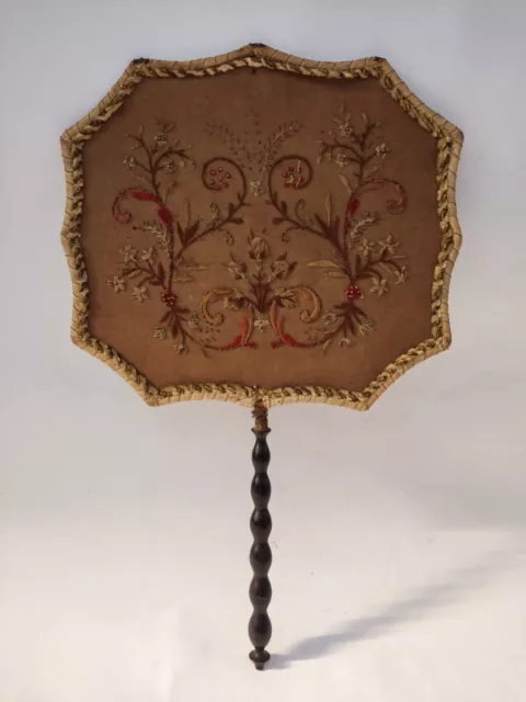 Antique Victorian Lady's Hand Floral Embroidered Fireplace Screen w/Wood Handle