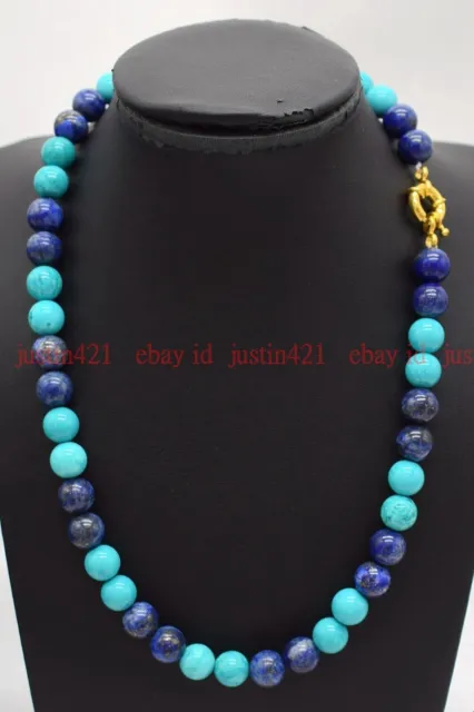Natural 10mm Blue Turquoise & Lapis Lazuli Round Gemstone Beads Necklace 18" AAA