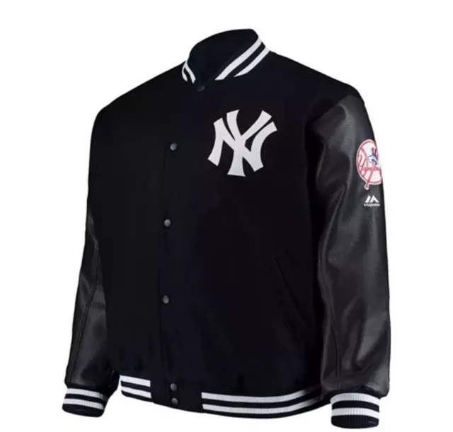 NY Yankees MLB Classic Authentic Majestic Varsity Jacket Leather Sleeves Black
