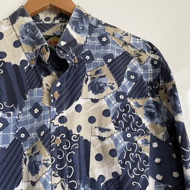 Vintage Retro Abstract Floral Shirt Funky Pattern Long Sleeved Blue M