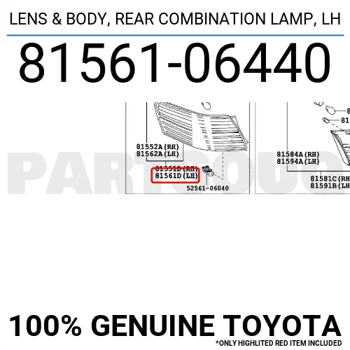 8156106440 Genuine Toyota LENS &amp; BODY, REAR COMBINATION LAMP, LH OEM