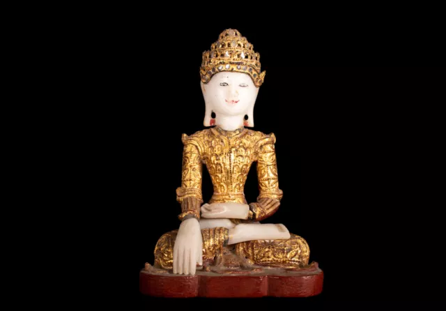 One Antique Buddha Figure, Marble, Wood & Gold-Plated Patent, Burma, 19 20. Jh