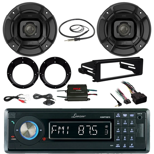Lanzar AQMP70BTB Marine Receiver, 2x Polk 6.5" 300W Speakers, Amp, Accessories