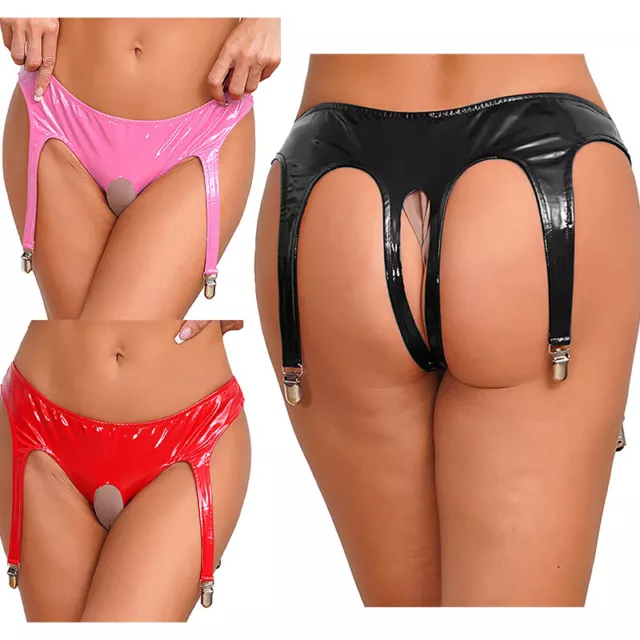 Womens Thong Halloween Underwear With Garter Clips Briefs Patent Leather Soft