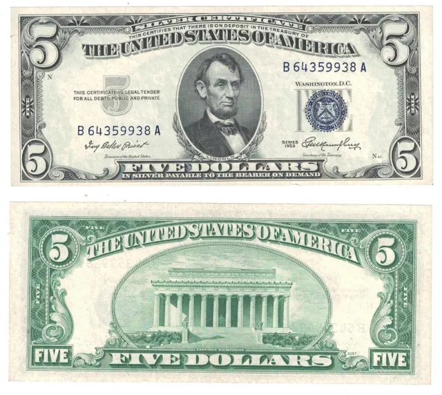 1953 $5 Silver Certificate B-A Block Fr 1655 Uncirculated #938