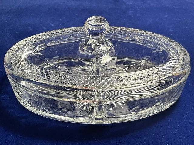 Vintage Clear Etched Glass Oval Divided Nut, Candy Relish Dish Sunburst Lid