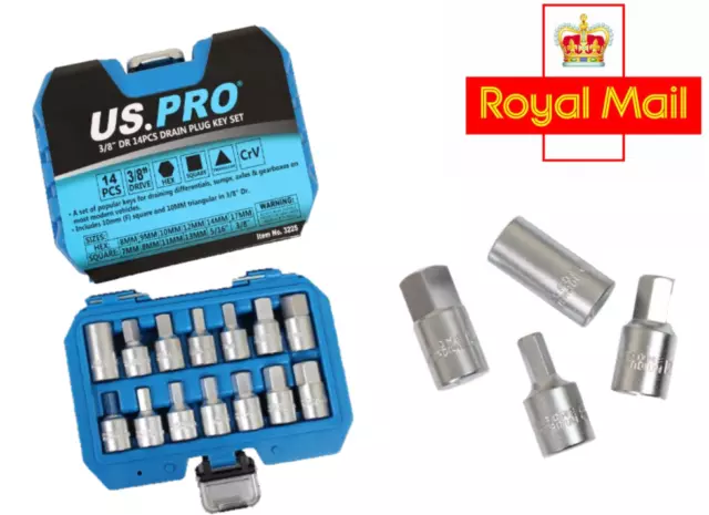 Drain Plug Sump Key Set Oil Change 3/8" Drive 14pc Gearbox Axle Engine Repair