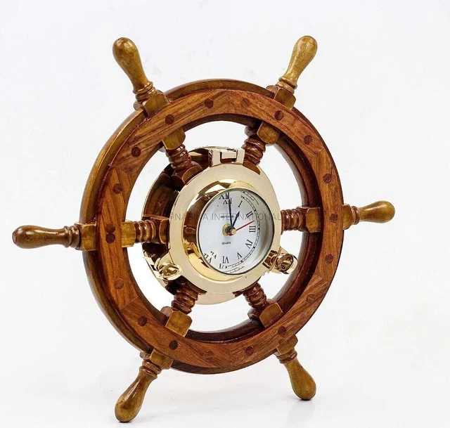 SHIP WHEEL CLOCK Maritime Teak Wood Nautical Vintage Hanging Steering ...