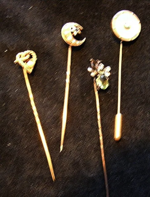 Four Edwardian Tie Pins - fancy designs - gold and silver