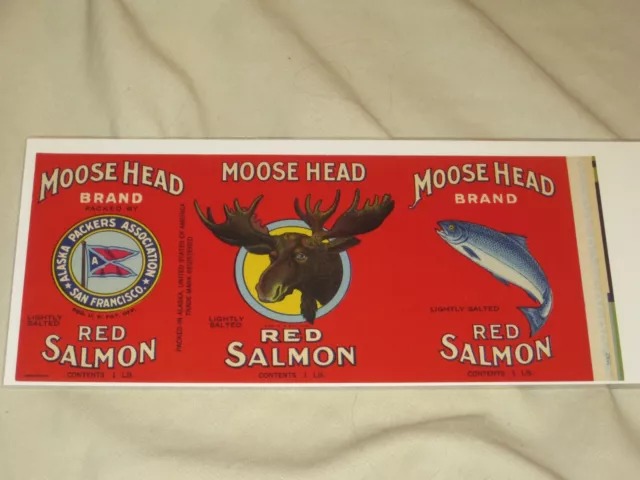 Moose Head Brand Red Salmon Can Label Alaska Unused Vintage 1940s Fishing