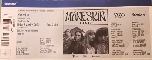 1 Biglietto concerto Måneskin - Bari Palaflorio - 31/03/2023